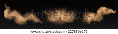 Sand explosion with dirt and cloud smoke vector. Isolated storm effect in desert on transparent background. Brown sandstorm splash with wind texture. Dirty ground abstract spread with flying particles Stockfoto © 