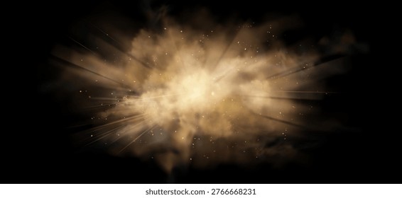Sand explosion with flying dust particles and radial light rays on black background. Brown desert cloud bursting outward with realistic smoke effect. Sandstorm overlay with dynamic powder splash