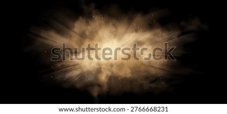 Sand explosion with flying dust particles and radial light rays on black background. Brown desert cloud bursting outward with realistic smoke effect. Sandstorm overlay with dynamic powder splash