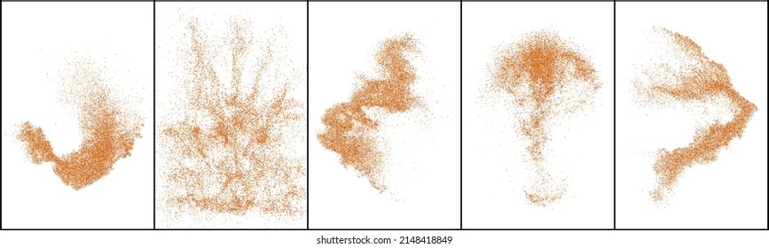 Sand explosion splash with flying dust powder particle in brown beige colors on white background. Dynamic motion wave showing scattered spray burst and dispersion movement creating abstract desert texture pattern. Set collection vector illustration with realistic detail