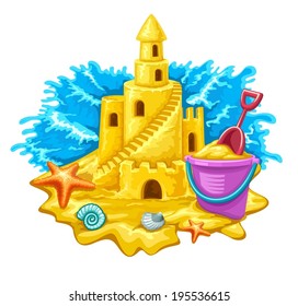 Sand fairy-tale castle with high towers window and stairs. 