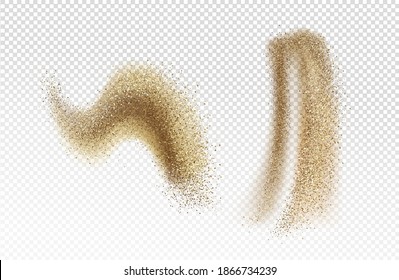 Sand fall, pour or explosion, sandy grains stains or strokes and wave isolated on transparent background. Design elements, textured smears of beige or yellow colors, Realistic 3d vector illustration