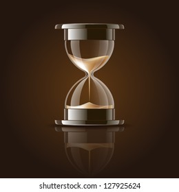 Sand falling in the hourglass on dark background. Vector illustration