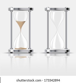 Sand falling in the hourglass on dark background. Vector illustration