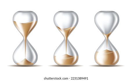 Sand falling in the hourglass in three different states on white background. Vector illustration