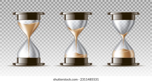 Sand falling in the hourglass in three different states. Vector illustration