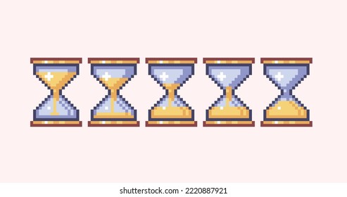 Montaje de imágenes de píxeles en etapas de animación de cristal de arena. Vidrio, colección de relojes antiguos. Sprite de 8 bits. Desarrollo de juegos, aplicación móvil.  Ilustración vectorial aislada.