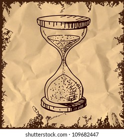 Sand glass clock icon isolated on vintage background. Hand drawing sketch vector illustration