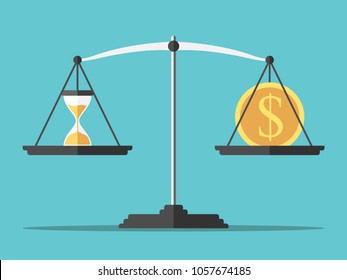 Sand Glass And Gold Dollar Coin On Weight Scales On Turquoise Blue Background. Time And Money Concept. Flat Design. Vector Illustration, No Transparency, No Gradients