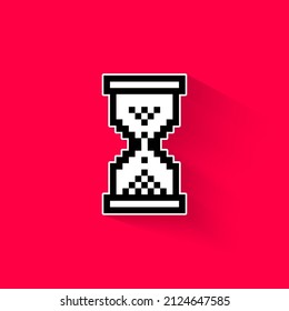 Sand Glass Pixel Clock Icon . Vector illustration. Hourglass pixel icon isolated, 8bit graphic element. Simplistic hourglass sign, endless time idea.