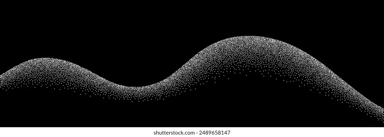 Sand grain texture wavy pattern background. Abstract dot stipple wave, black noise dotted line, sand texture, grainy effect, vector illustration isolated on black.