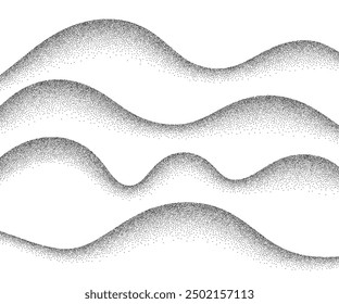 Sand grain texture wavy pattern background. Abstract dot stipple waves, black noise dotted lines, sand texture, grainy effect, vector illustration isolated on white.