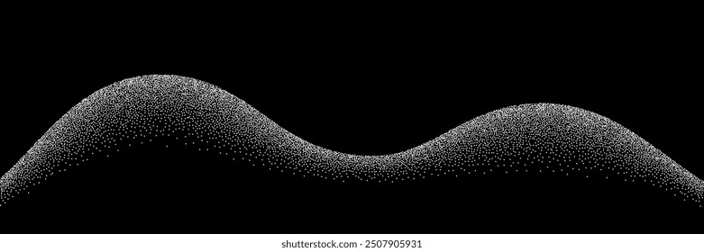 Sand grain texture wavy pattern background. Abstract dot stipple wave, black noise dotted line, sand texture, grainy effect, vector illustration isolated on black.