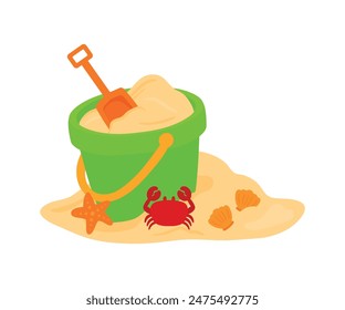 Sand in green bucket with orange shovel, crab, clam, and starfish. Kid toys for building sand castle in tropical summer beach vacation. Summer vector illustration isolated on transparent background