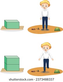  sand ground, person standing on two legs, person standing on one leg, cube object on the ground