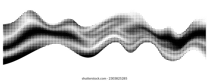 Sand halftone texture liquid vector background. Abstract grainy pattern. Noise geometric dotwork. Black and white grunge wave shape. Monochrome wavy hill illustration. Pixel gradient splash backdrop