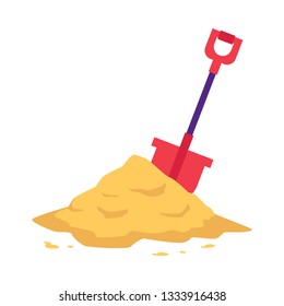 Sand heap with red shovel in flat style isolated on white background - vector illustration of big pile of crumbly powder. Yellow sandy mound for building, beach leisure or kid game concept.