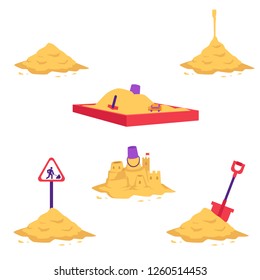 Sand heap vector illustration set - various piles of yellow dry powder using in building and repair works or for children games isolated on white background. Different sandy mounds with equipment.