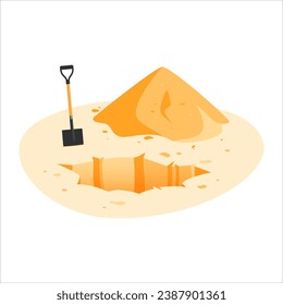 Sand-Loch und Heap mit einer Metallschaufel. Grabkonzept Vektorgrafik-Illustration einzeln auf weißem Hintergrund.