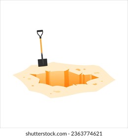 Sand hole with a metal shovel. Digging concept. Vector cartoon illustration isolated on a white background.