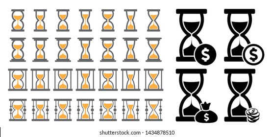 Sand Hourglass Clock. Save Money, Cash Paper Bank Payment. Pay Dollar Bills Vector Icon Or Sign. Sun Clocks Symbol Concept Passing Or Past Time. Lost Time Day. Spring Equinox. Hourglass Pictogram