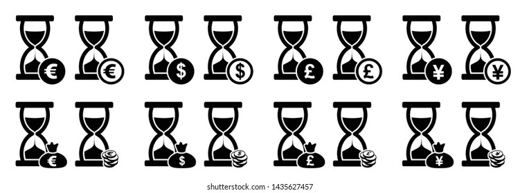 Sand hourglass clock. Save money, cash paper bank payment. Pay dollar bills Vector icon or sign. Sun clocks symbol concept Passing or past time. Lost time Day. Spring equinox. Hourglass pictogram