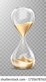 Sand hourglass, glass timer with falling golden grains. Vector realistic sand clock isolated on transparent background. Vintage watch for countdown hour or minutes. Running time or deadline concept