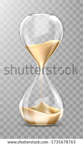 Sand hourglass, glass timer with falling golden grains. Vector realistic sand clock isolated on transparent background. Vintage watch for countdown hour or minutes. Running time or deadline concept