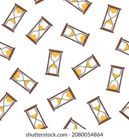 Sand Hourglass Seamless Pattern On A White Background. Sandglass Timer Theme Illustration