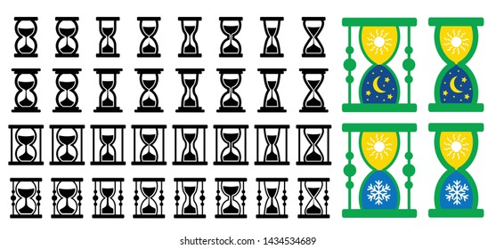 Sand Hourglass. Summer Time, Winter Time Pictogram. Summertime, Wintertime Icon. Flat Vector Sun Clocks Symbol. Concept For Passing Past Time Or Lost Time Moon, Sun, Night Or Star Sign. Nearly There.