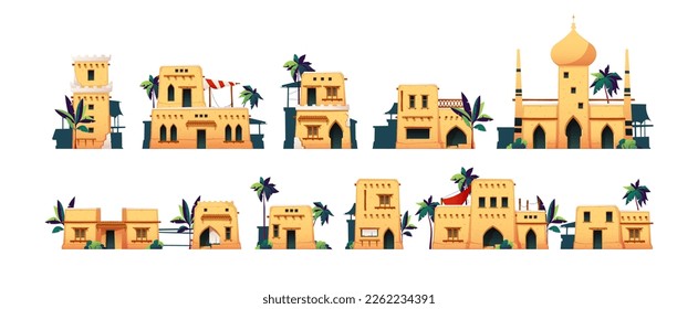 Sand houses. Cartoon old arabic mud brick architecture, traditional middle east residential buildings with palm trees and muslim mosque. Vector flat set. Street with constructions, landmark