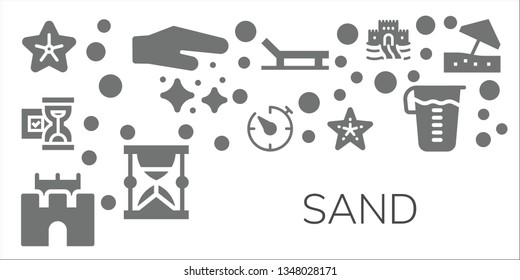 sand icon set. 11 filled sand icons.  Collection Of - Starfish, Dust, Hourglass, Timer, Sand castle, Beach, Measuring glass, Beach umbrella