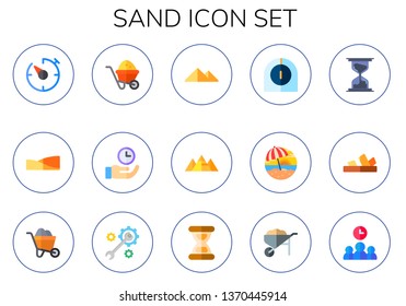 sand icon set. 15 flat sand icons.  Simple modern icons about  - timer, dunes, wheelbarrow, time, pyramid, sun umbrella, hourglass, sandals, construction, sand clock