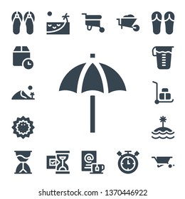 sand icon set. 17 filled sand icons.  Collection Of - Sandals, Wait time, Dune, Beach umbrella, Sea urchin, Measuring glass, Wheelbarrow, Island, Hourglass, Beach, Wait, Timer