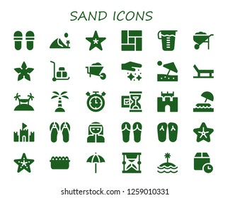  sand icon set. 30 filled sand icons. Simple modern icons about  - Slippers, Dune, Starfish, Floor, Measuring glass, Wheelbarrow, Dust, Beach umbrella, Beach, Island, Timer, Hourglass