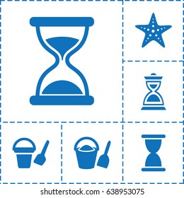 Sand icon. set of 6 sand filled icons such as bucket toy for beach, hourglass, starfish