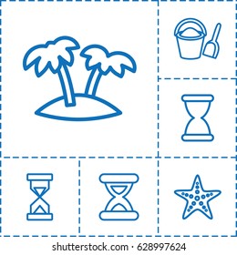 Sand icon. set of 6 sand outline icons such as palm, starfish, bucket and shovel