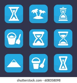 Sand icon. set of 9 filled sand icons such as pyramid, bucket toy for beach, hourglass, palm
