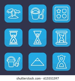 Sand icon. set of 9 outline sand icons such as pyramid, bucket toy for beach, from toy for beach, hourglass, palm