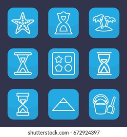 Sand icon. set of 9 outline sand icons such as pyramid, from toy for beach, hourglass, palm, starfish