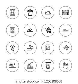 Sand icon set. collection of 16 outline sand icons with beach, construction, dunes, cuckoo clock, hourglass, measuring glass, sand, sandals, sea urchin, sunbathing icons.