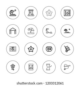 Sand icon set. collection of 16 outline sand icons with aquarium, beach umbrella, beach, cuckoo clock, hourglass, island, sand castle, sandals, sunshade, starfish icons.