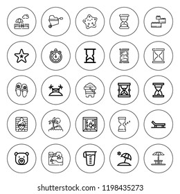 Sand icon set. collection of 25 outline sand icons with aquarium, beach, construction, hourglass, island, measuring glass, sand clock, teddy bear icons. editable icons.