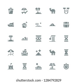 sand icon set. Collection of 25 filled sand icons included Timer, Island, Dune, Hourglass, Sand castle, Dromedary, Dust, Beach, Sandclock, Scratching, Sandals, Litter box, Sand bucket