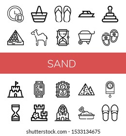 sand icon set. Collection of Clock, Pyramids, Beach bag, Camel, Flip flops, Hourglass, Yacht, Wheelbarrow, Pyramid, Slippers, Sand castle, Digital watch, Cuckoo clock, Great sphinx of giza icons