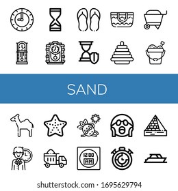 sand icon set. Collection of Clock, Hourglass, Cuckoo clock, Flip flops, Beach bag, Pyramid, Wheelbarrow, Sand bucket, Camel, Starfish, Dumper, Sunbathing, Digital clock icons