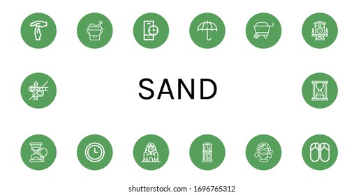 sand icon set. Collection of Time out, Sand bucket, Clock, Sun umbrella, Wheelbarrow, Cuckoo clock, Sand clock, Great sphinx of giza, Beach, Flips flops, Construction, Hourglass icons