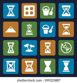 sand icons set. Set of 16 sand filled icons such as pyramid, bucket toy for beach, from toy for beach, hourglass, palm
