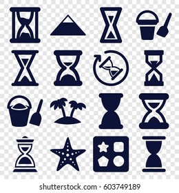 Sand icons set. set of 16 sand filled icons such as pyramid, bucket toy for beach, from toy for beach, hourglass, palm, starfish