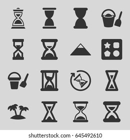 Sand icons set. set of 16 sand filled icons such as pyramid, bucket toy for beach, from toy for beach, hourglass, palm